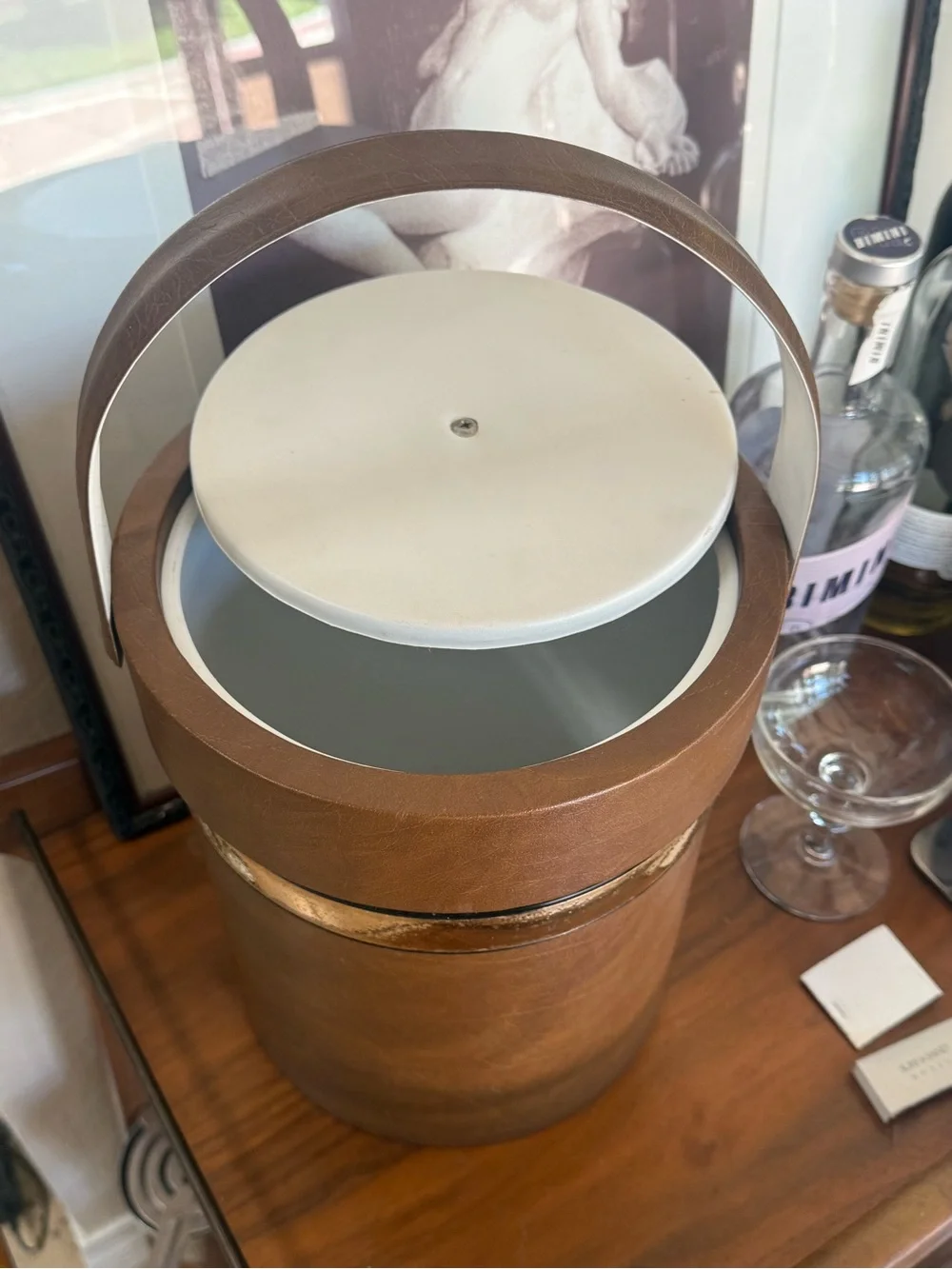 Vintage MCM Brown Faux Leather Ice Bucket with Gold Accent